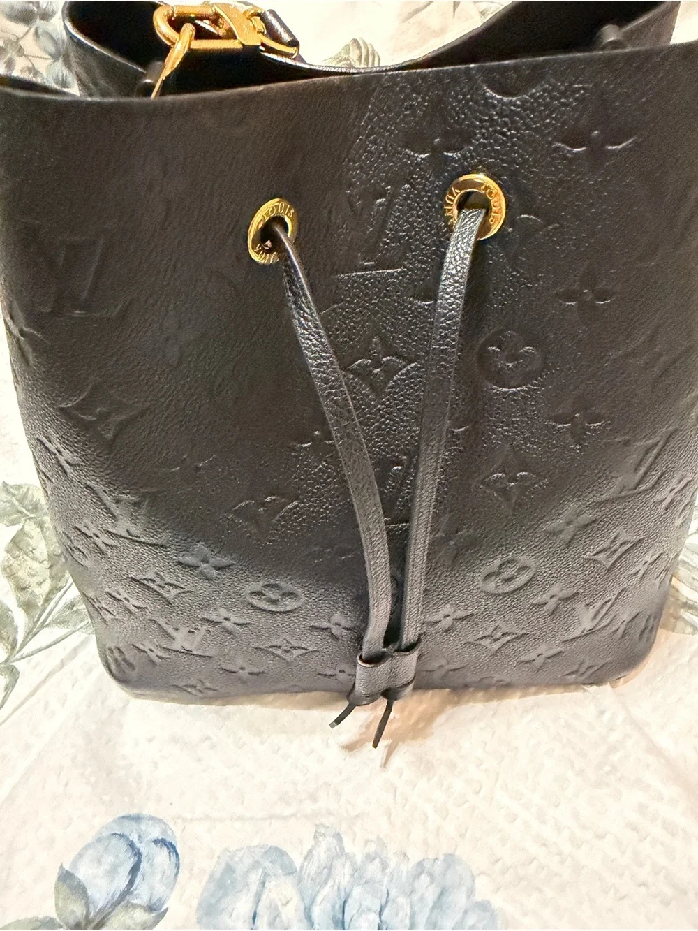 Louis Vuitton Black Embossed Monogram Drawstring Hobo Bag